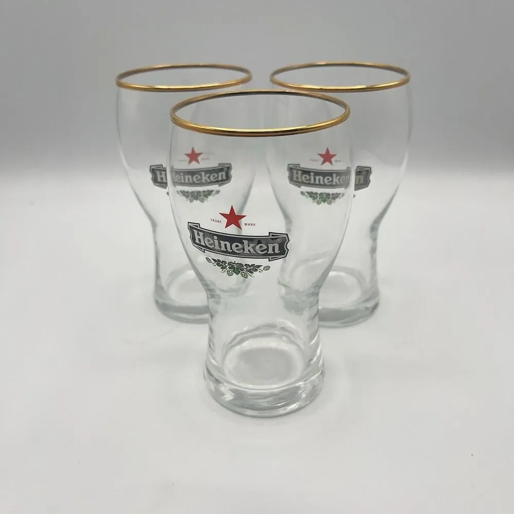 3 Heineken 300 ml Gold Rim Tulip Beer Glasses Holland Netherlands